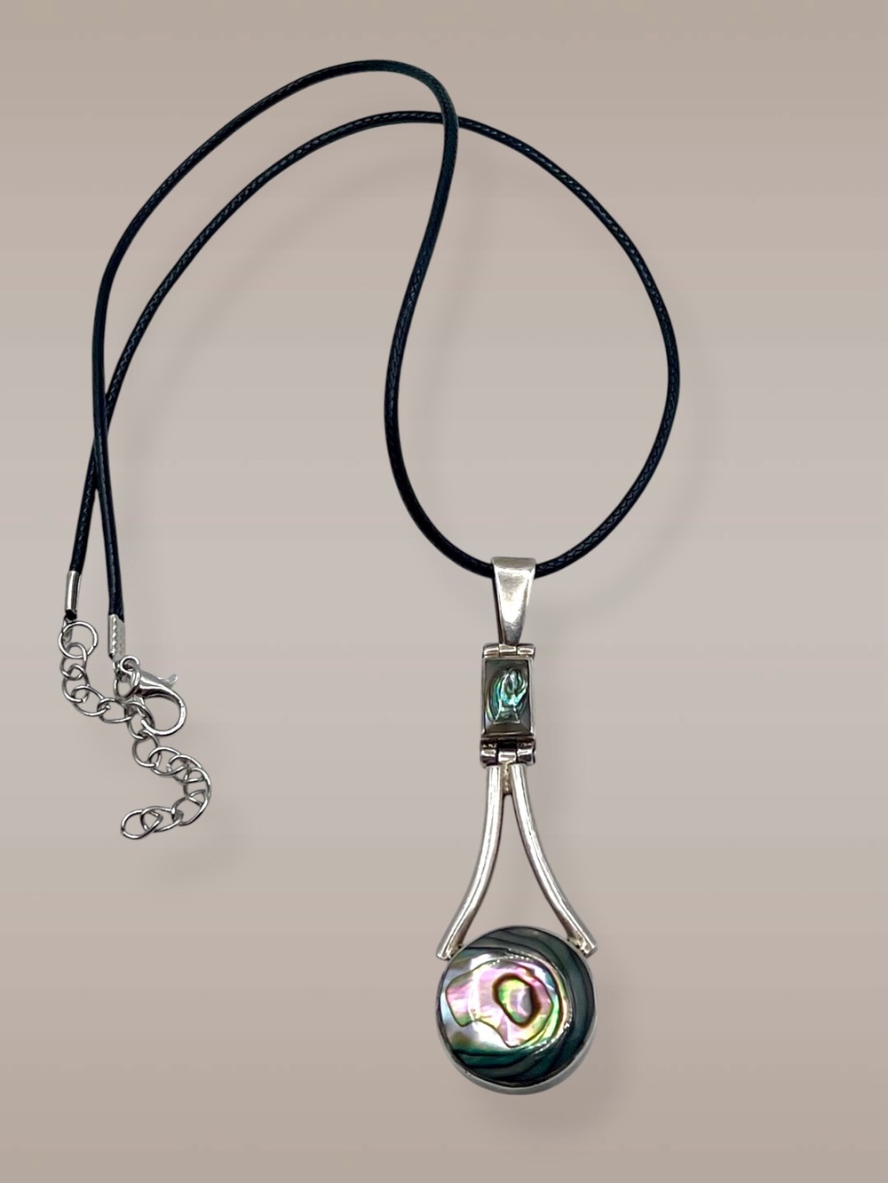 Vintage Modernist Sterling Silver Abalone Shell Cord Pendant Necklace
